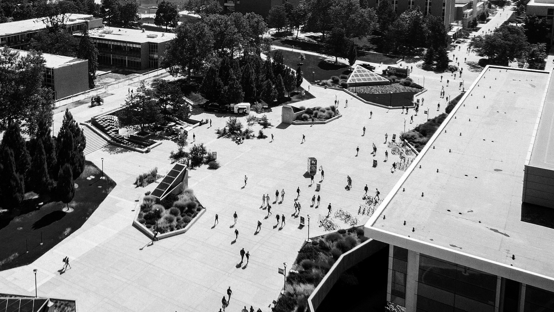 Aerial view of a college campus